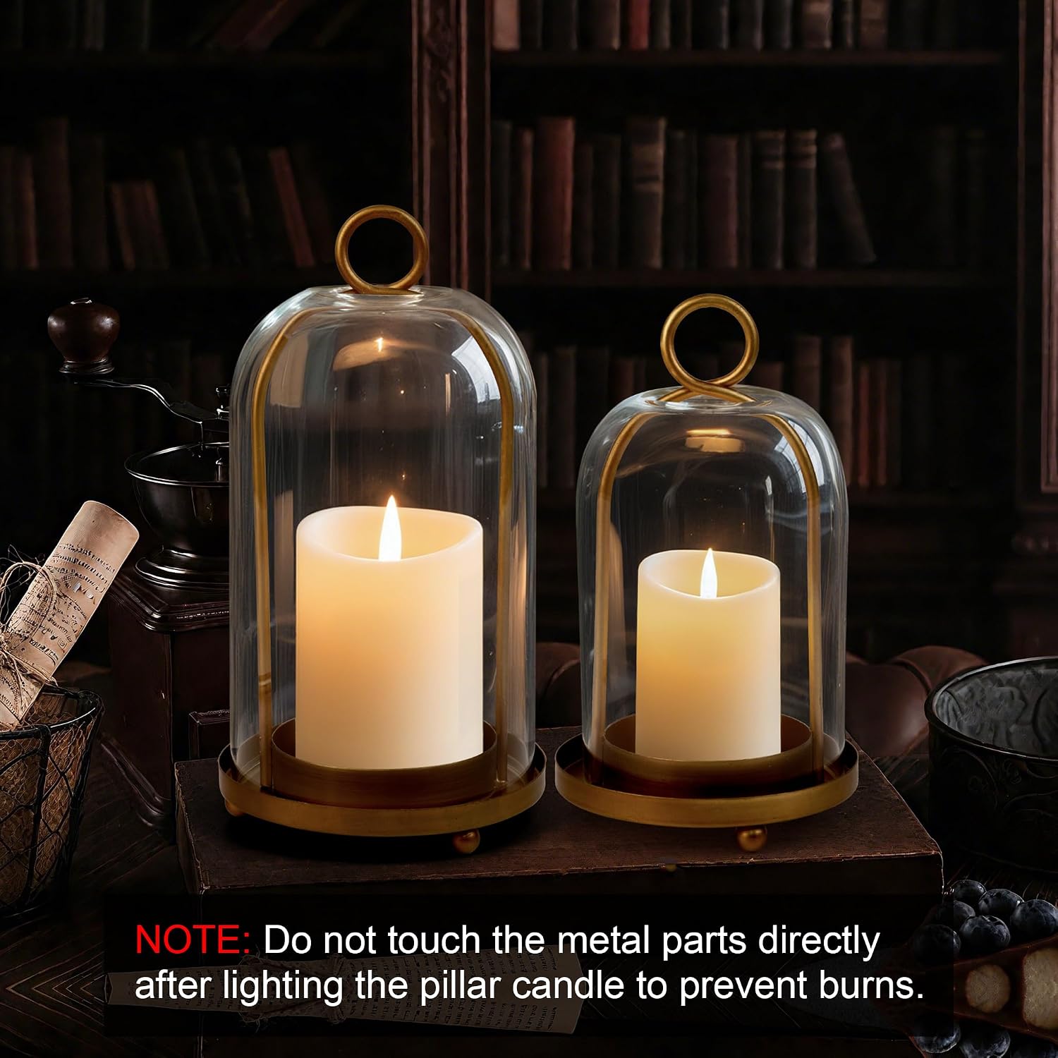 Glass Hurricane Candle Holder Decorative Gold Candle Lantern, Pillar Candlestick Holders Set of 2, Hanging Metal Holder Modern Table Centerpieces, Antique Brass