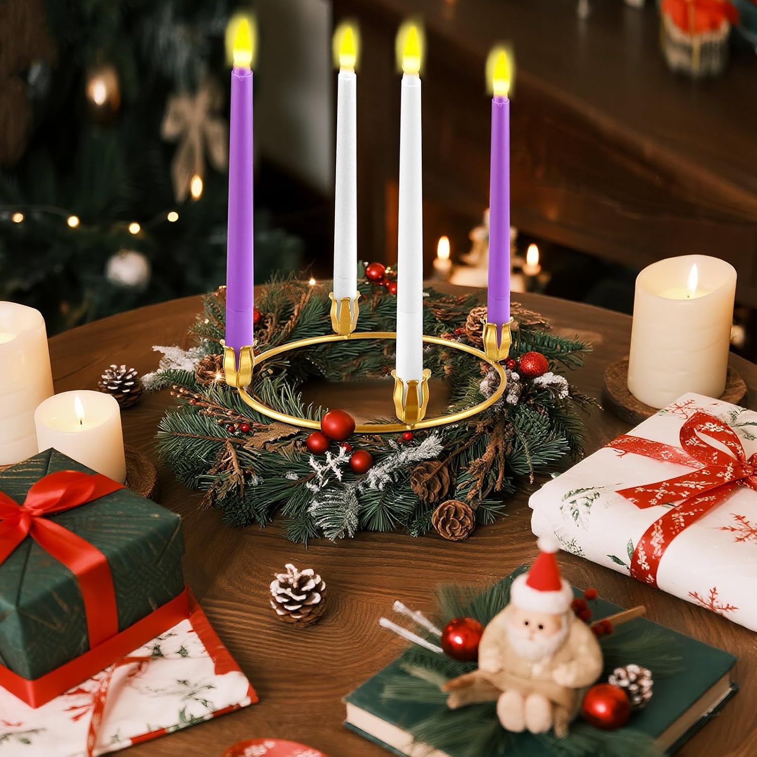 Thyle 50 Pcs Metal Christmas Advent Wreath Rings Bulk Gold Advent Wreath Candle Holder Xmas DIY Taper Candle Rings Table Candelabra Holder for Church Supply Home Table Centerpiece Festival Decoration