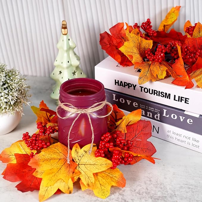 Fall Mason Jar Centerpieces for Tables – Thanksgiving Table Decorations with Autumn Leaves & Berries, Autumn Candle Holder Wreath Rings, Fall Taper Candle Rings for Dining Table