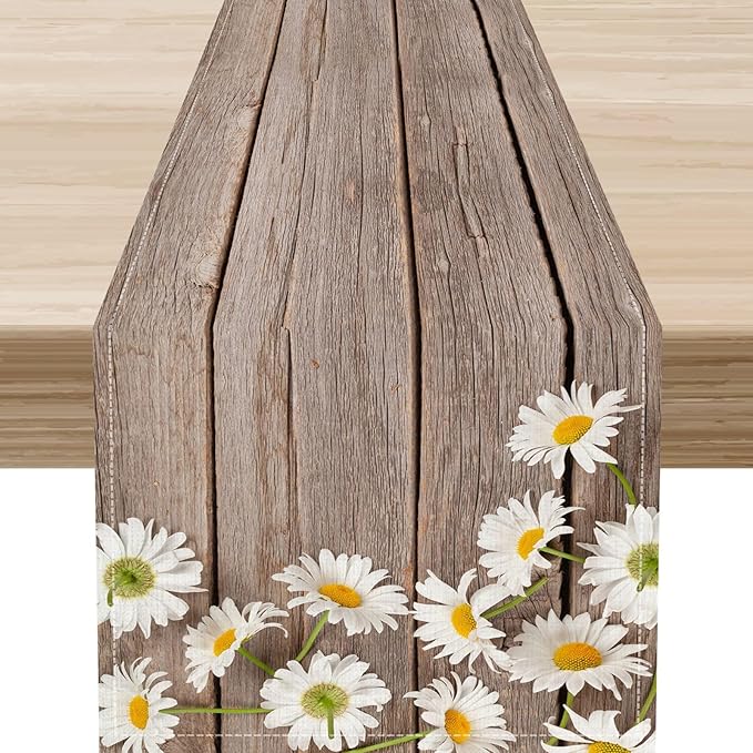 Daisy Table Runner, Spring Floral Seasonal Summer Yellow Flower Rustic Farmhouse Table Center Decor for Home Kitchen Dining Patio Holiday Party Indoor Outdoor Table Decorations, 13"x90" Inch
