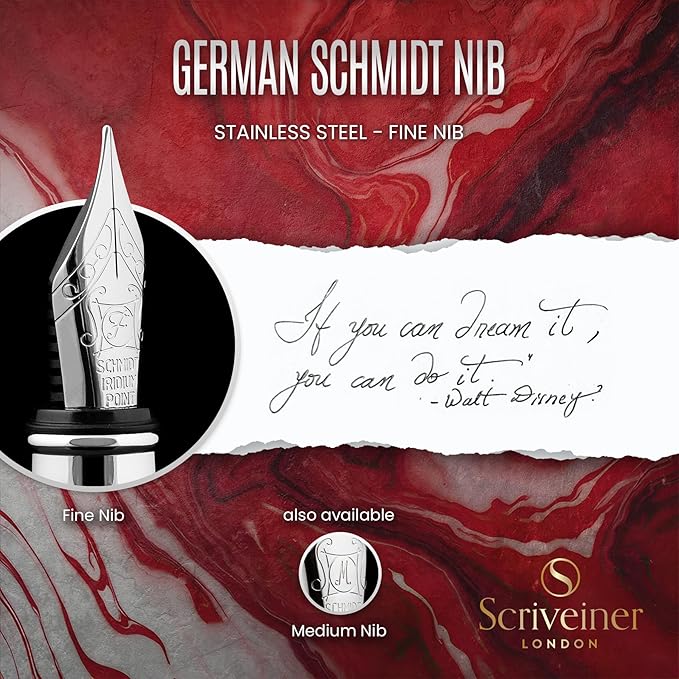 Scriveiner Deep Crimson Red Fountain Pen - Stunning Luxury Pen with Chrome Finish, Schmidt Nib (Fine), Best Pen Gift Set for Men & Women, Professional, Executive, Office, Nice Pens