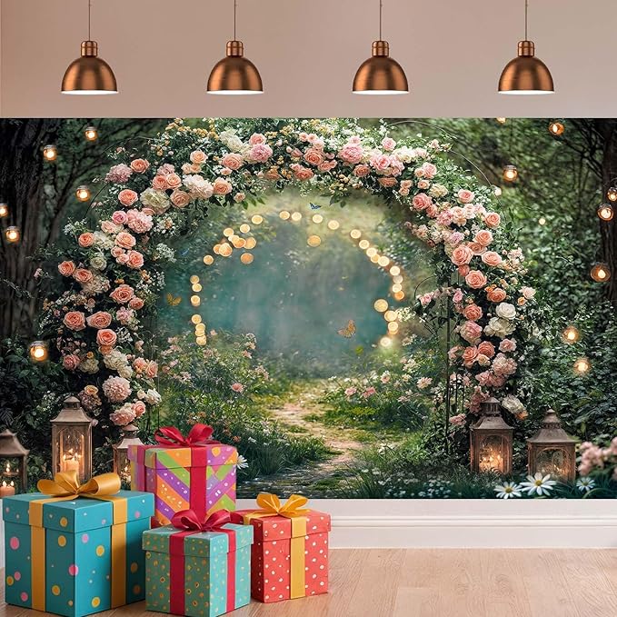 5x3ft Enchanted Forest Wedding Photography Backdrop Wonderland Roses Fairy Tale Backdrop Pink Flower Birthday Newborn Baby Shower Wedding Bridal Party Banner Photo Booth Props Anniversary Background