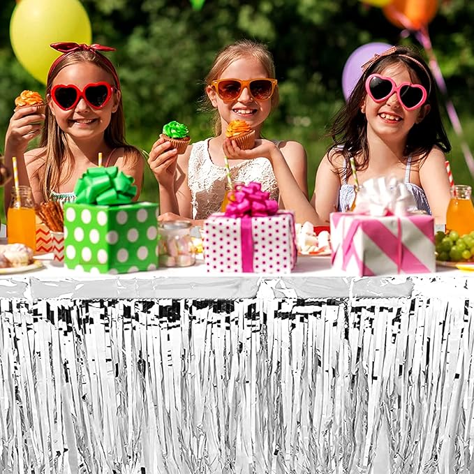 4 Pack 29x108 Inch Metallic Foil Fringe Tinsel Table Skirts for Rectangle Tables Streamer Curtains Backdrop for Wedding, Birthday, Parade Floats, Christmas, Halloween Party Decoration(Silver)