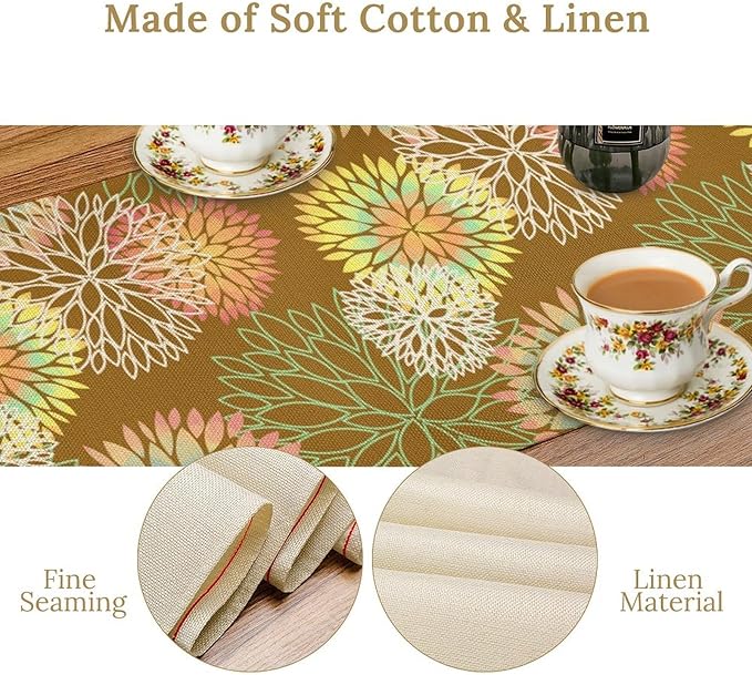 Brown Grey Dahlia Flower Table Runner, Linen Geometric Pattern Floral Table Decor Spring Farmhouse Decorations for Kitchen Dining Holiday Party Decor, 13x60 Inch
