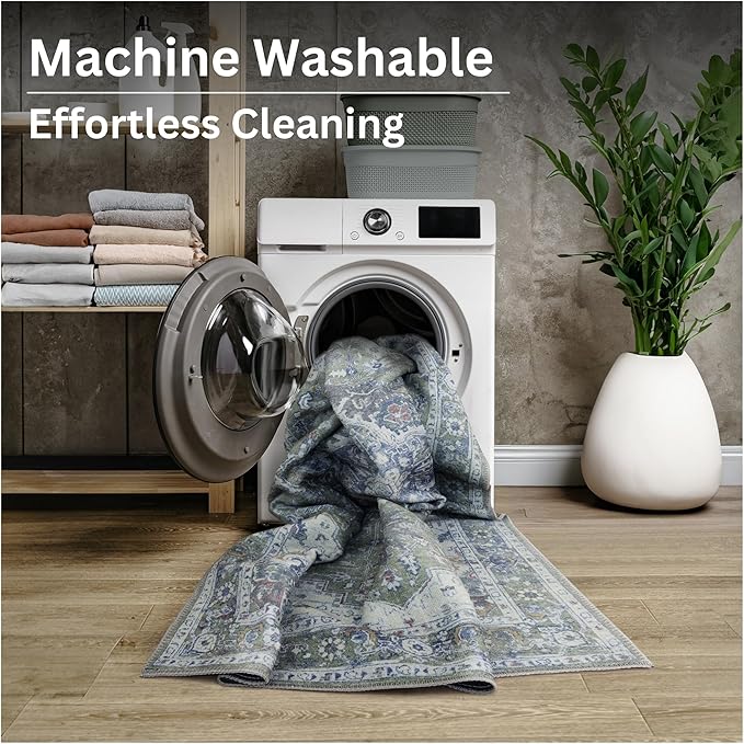 Bloom Rugs Washable Non-Slip 12 ft Runner - Green/Blue Traditional Medallion Runner for Entryway, Hallway, Bathroom, and Kitchen - Exact Size: 2.5' x 12'
