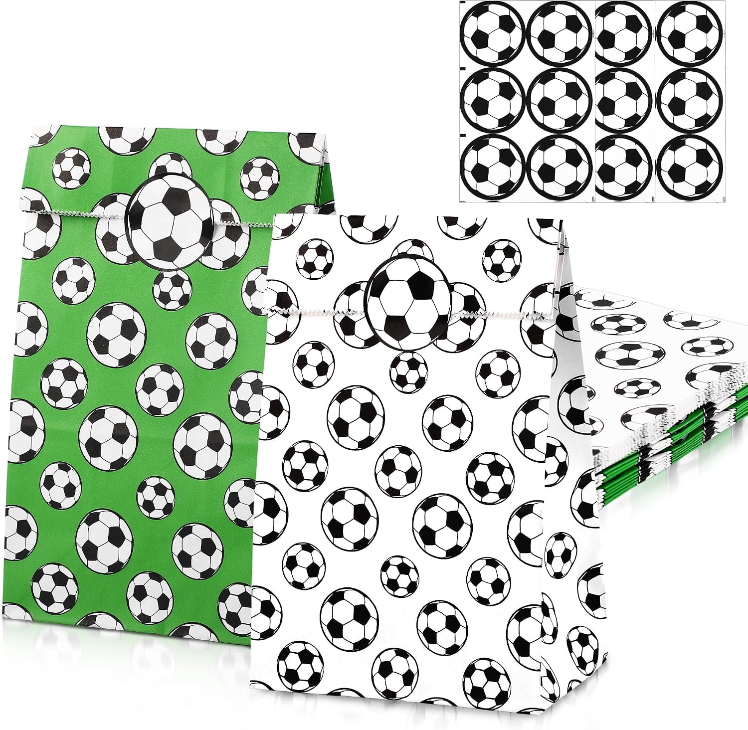 MIMIND 24 Pack Soccer Party Favor Paper Bags White Green Soccer Snack Bags with Stickers Birthday Goodie Treat Bags for Soccer Themed Decorations Games Sports Party Supplies