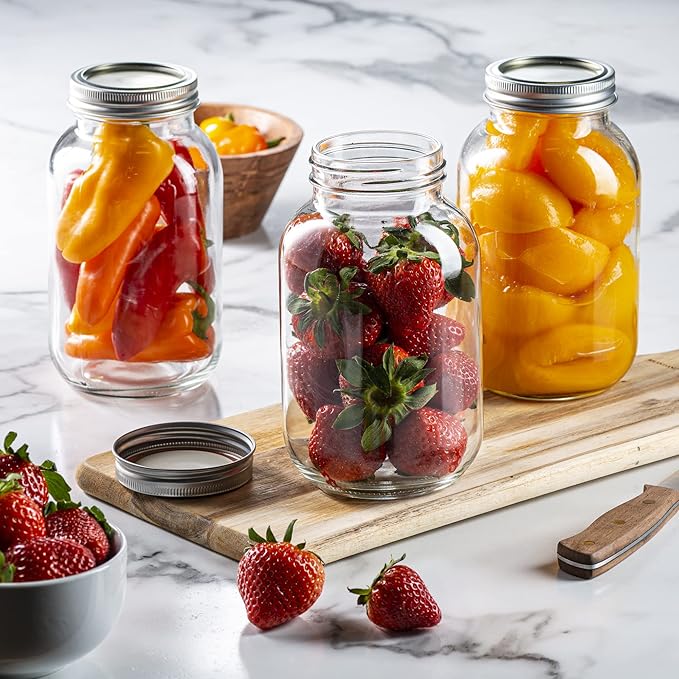 [6 Pack] 32 oz. Regular-Mouth Glass Mason Jars - with Metal Airtight Lids and Bands 1 quart Large for Canning, Preserving, & Meal Prep