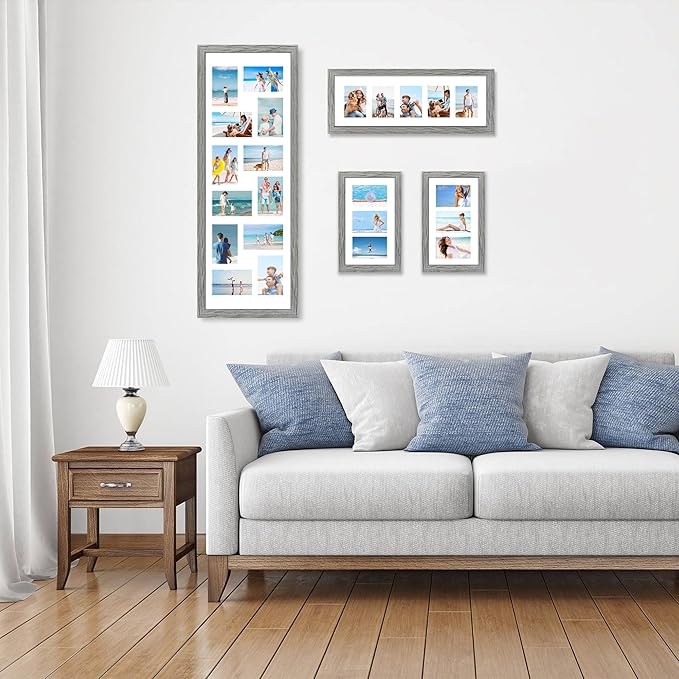 12x36 Picture Frame 2 Packs, Real Glass and Grey Wood Frame, Display Collage Pictures Twelve 4x6 With Mat or Pennant 12 x 36 Without Mat - Horizontal or Vertical Wall Mounting