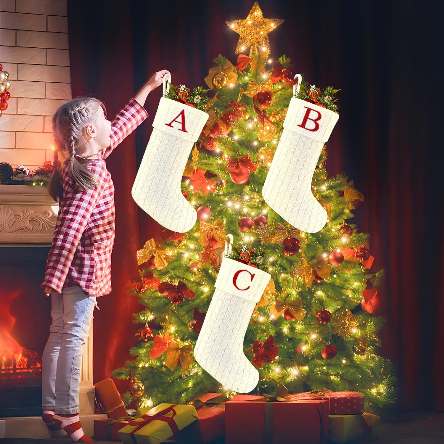 20 Inches Christmas Stockings with Initials,Knit Embroidered Letter White Christmas Stocking,Monogram Christmas Stocking for Famliy Holiday and Xmas Tree Fireplace (Letter-J)