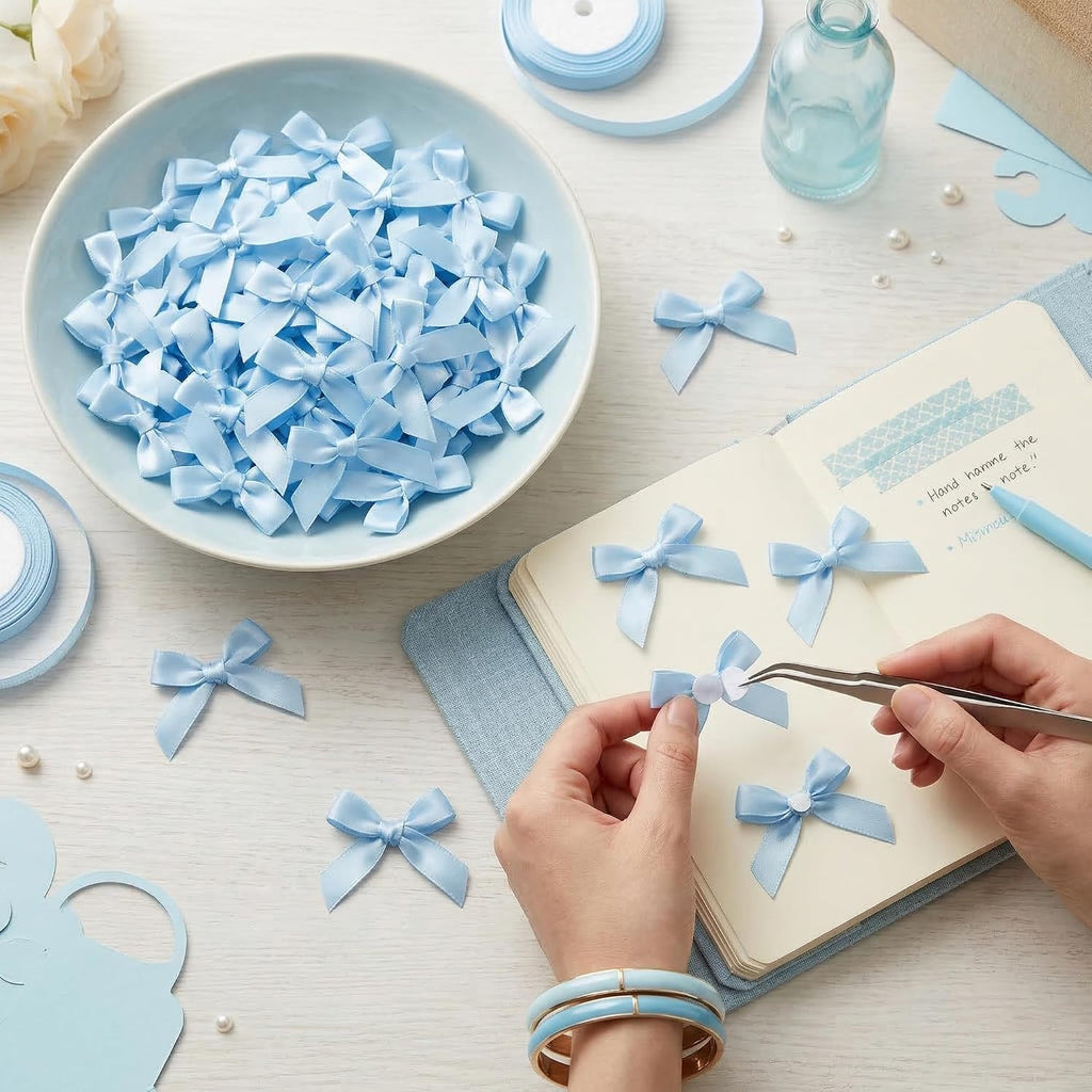 100PCS Mini Blue Bows Decoration, Tiny Satin Ribbon Ornaments for DIY, Crafts, Favors, Fit for Party, Birthday, Baby Shower, Christmas, Wedding, Boy's Party, Easter