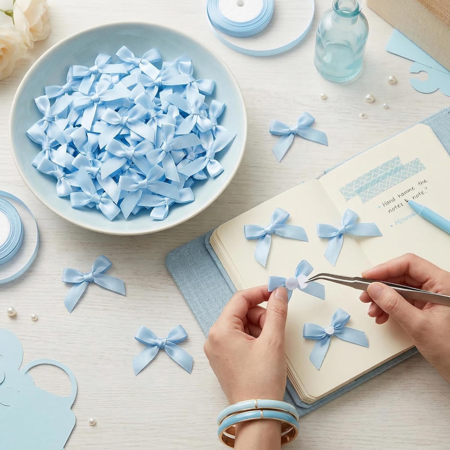 100PCS Mini Blue Bows Decoration, Tiny Satin Ribbon Ornaments for DIY, Crafts, Favors, Fit for Party, Birthday, Baby Shower, Christmas, Wedding, Boy's Party, Easter