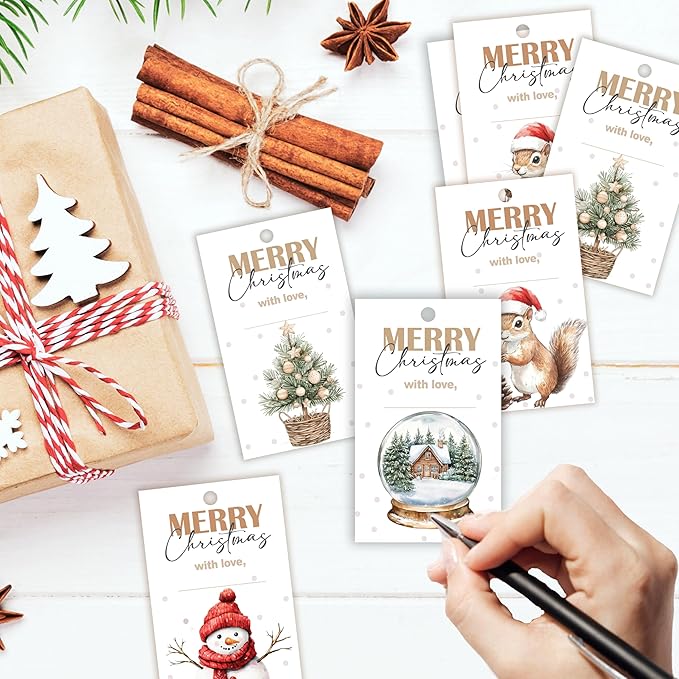 40 Pcs Christmas Gift Tags, 2.1"×3.5" Merry Christmas Tree Paper Tags with String, Hanging Presents Label Wrapping for Party Favor Decorations, 4 Styles - A03