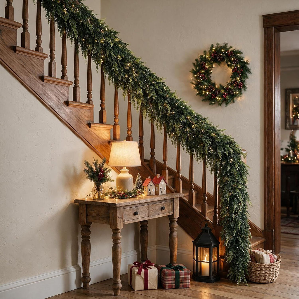 9ft christmas cedar garland, realistic artificial pine greenery showing dimensions