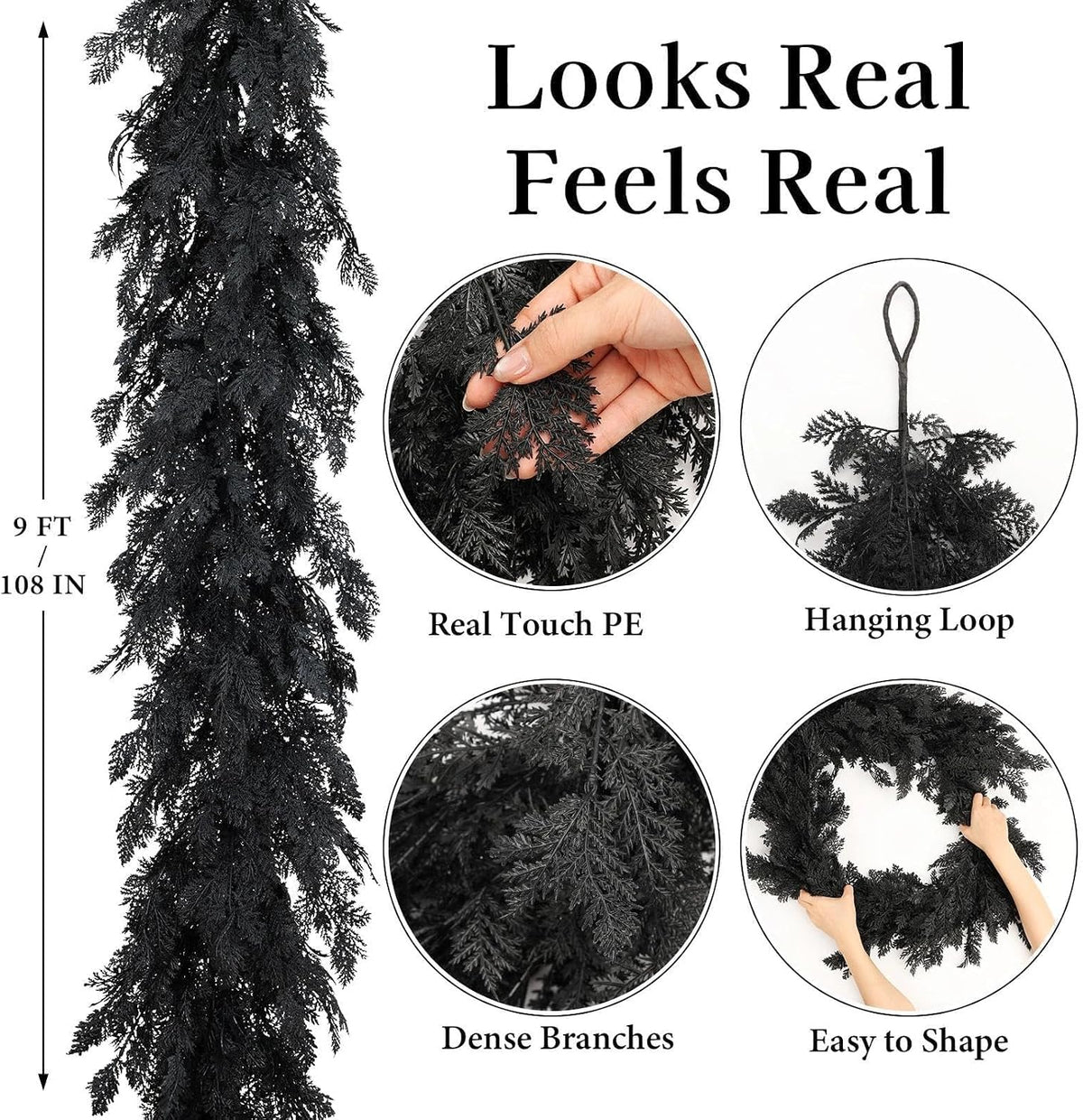 halloween garland 8.9ft decorations black real touch cedar shown in use