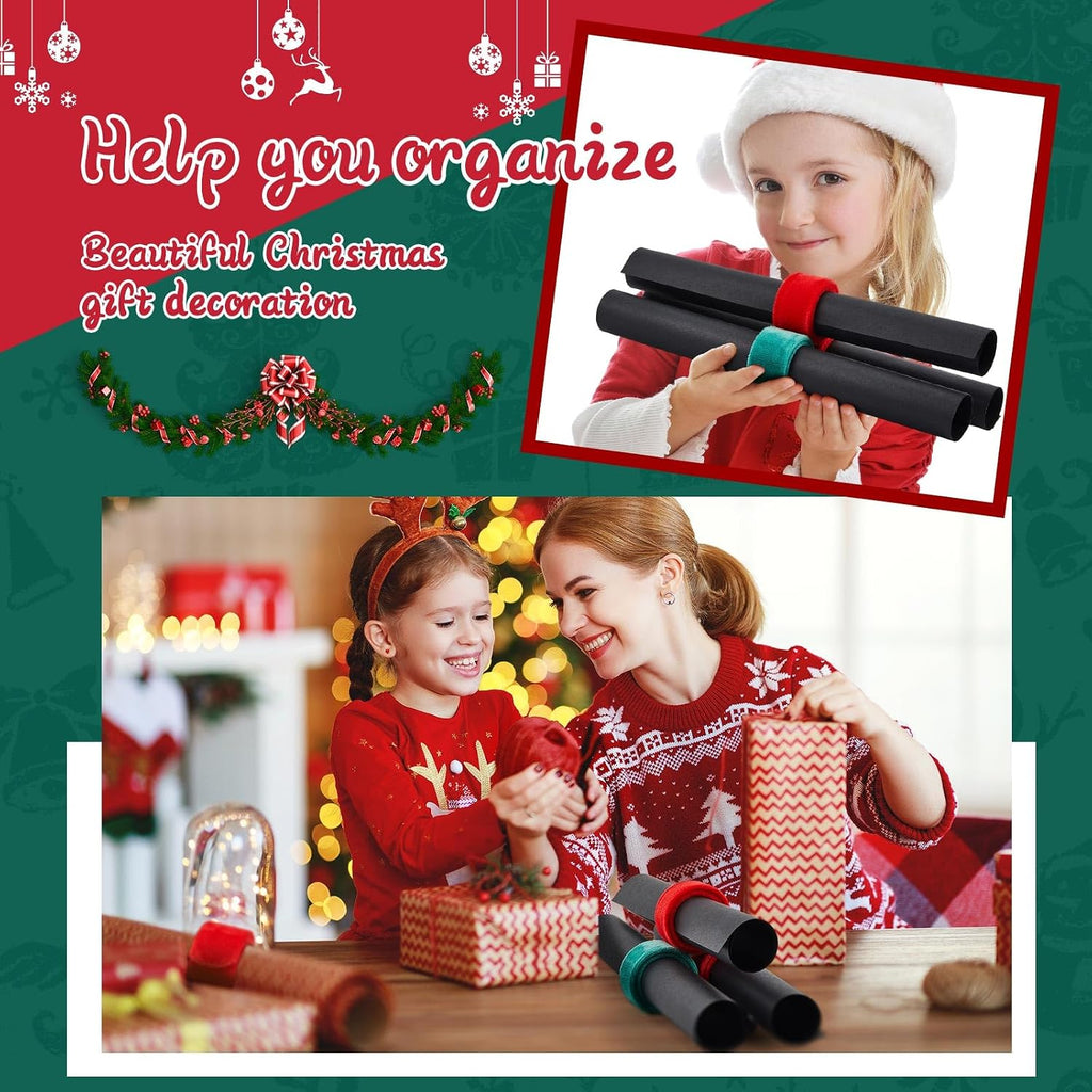RoundFunny 12 Pcs Christmas Wrapping Paper Roll Holder Clips Red Dark Green Holiday Flip Wraps Clamps Plush Covered Metal 1 x 9 Inch Slap Band Poster Holder for Christmas Thanksgiving Gift Wrapping
