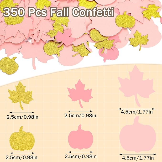 MARFOREVER 350 Pcs Fall Thanksgiving Pink and Gold Pumpkin Maple Leaf Confetti, Little Pumpkin Baby Shower Glitter Confetti Thanksgiving Table Decorations for Autumn Birthday Party Supplies