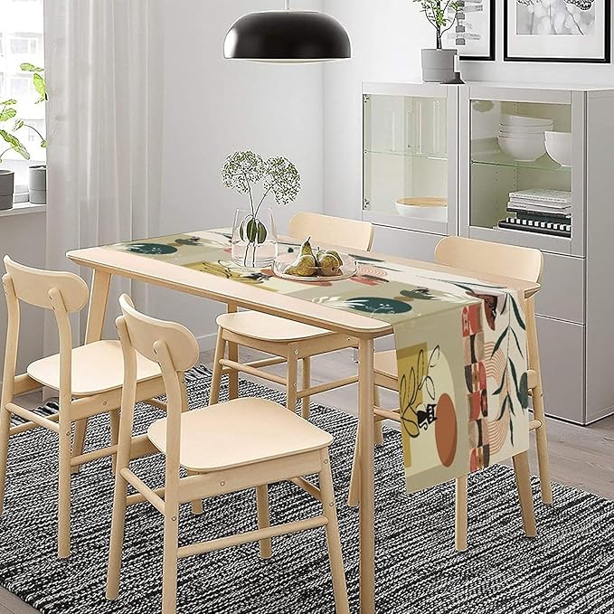 Mid Century Table Runner,Abstract Boho Plant Leaf Botanical Cat Modern Geometric Pattern Print Burlap for Hotel Indoors Outdoor Dining Room Kitchen Home Decor, 13x36in