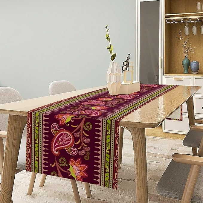 Dark Red Paisley Table Runner, Vintage Boho Paisley Flowers Geometric Print Table Cover for Farmhouse Wedding Party Home Kitchen Dining Table, 13x120inch