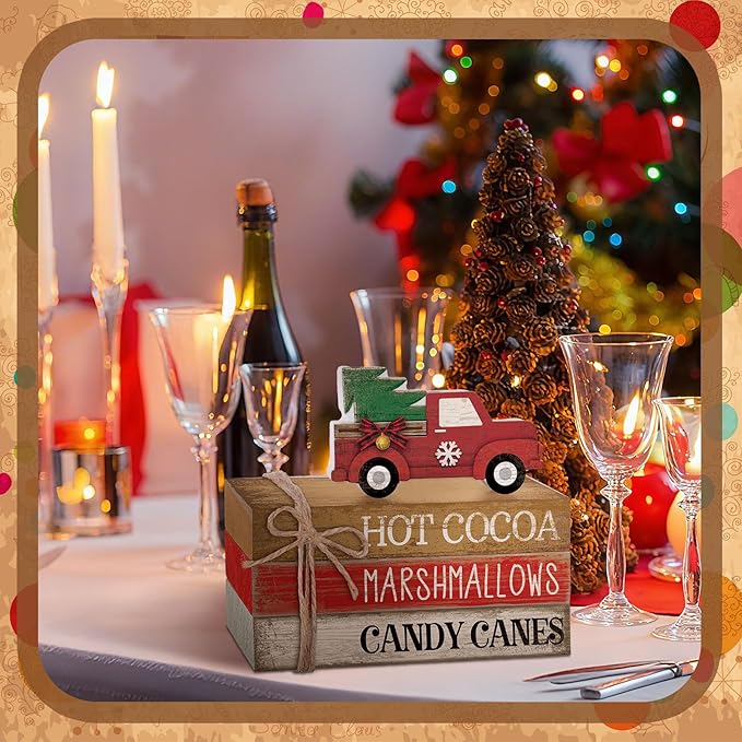 4 Pcs Christmas Table Decorations Red Truck Winter Tiered Tray Decorations Rustic Merry Christmas Table Centerpiece Wooden Books Signs for Office Shelf Classroom Tabletop Bookshelf