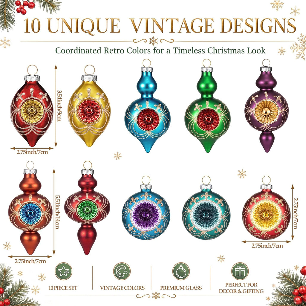 soulchen 10 pcs vintage glass christmas ornaments, glitter, side view