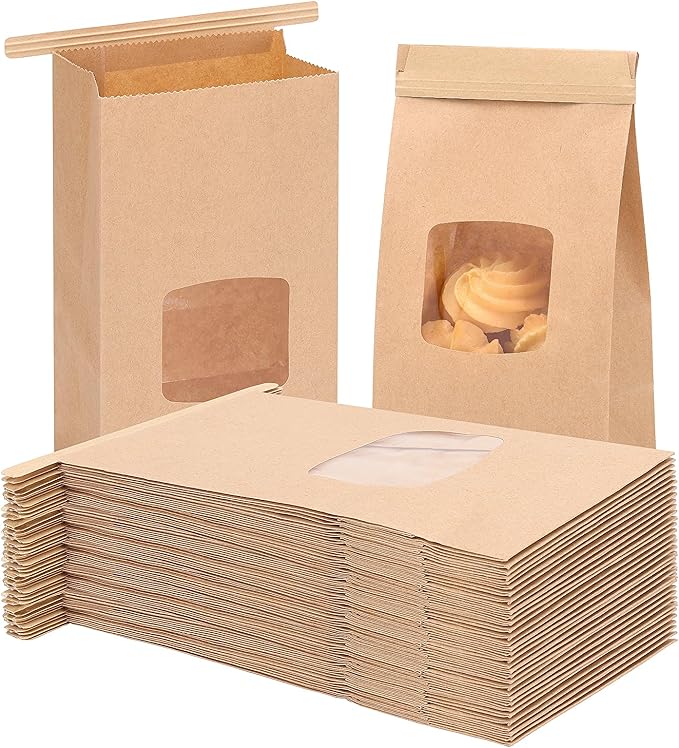 Moretoes 55pcs Small Bakery Bags with Window, 3.54x2.36x6.7in Tin Tie Tab Kraft Paper Bags for Cookie Coffee Bread Bakery Packing
