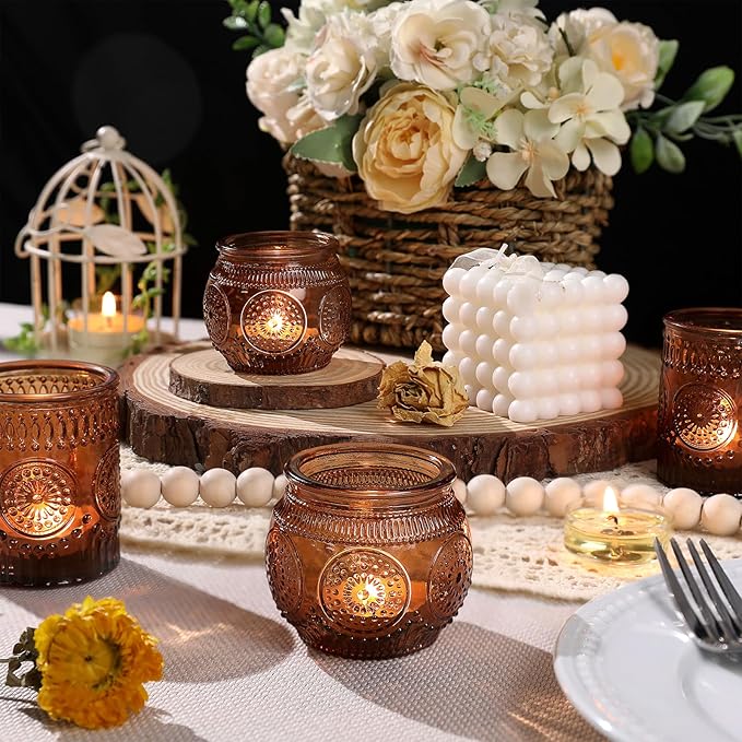 DARJEN 24Pcs Amber Votive Candle Holders - Vintage Glass Candle Holder, Candle Holders Bulk for Wedding & Home Decoration, Tea Lights Candle Holders for Festival Party Gift