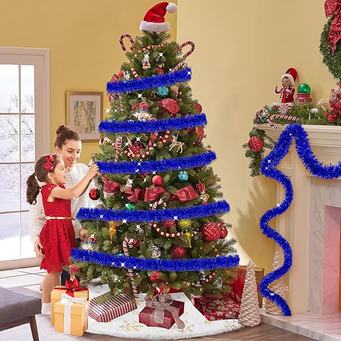 25 Feet Metallic Twist Tinsel Garland Backdrop for Parade Floats, Christmas Eve, New Year, Valentine's Day Party Decorations (Blue, 4in x 25ft)