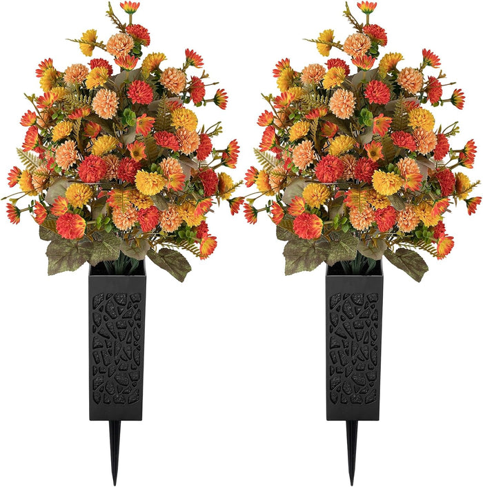 Fall Cemetery Flowers for Grave Decorations, Fake Mums, 2 Pcs