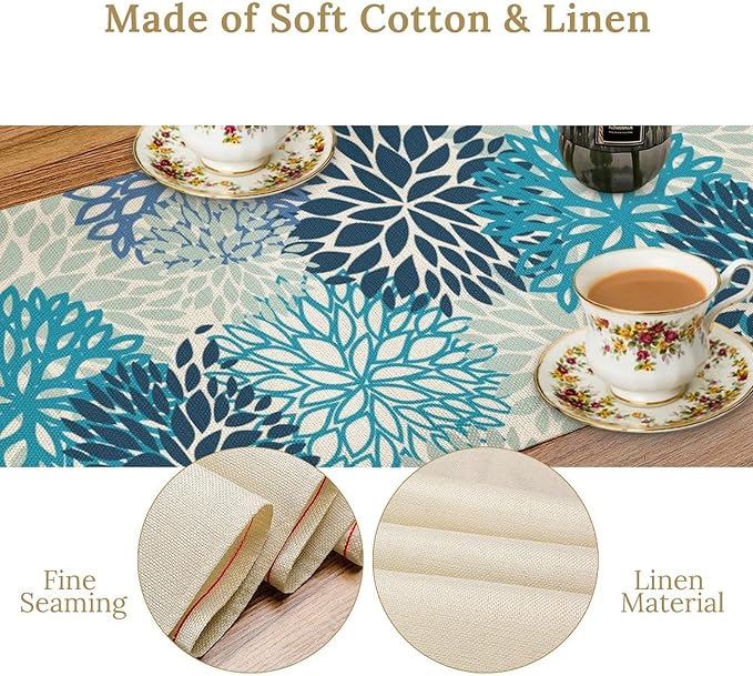 Floral Table Runner,Blue Flowers Print Spring Summer Table Cloth Kitchen Dining Table Home Party Decoration 13x60 Inch