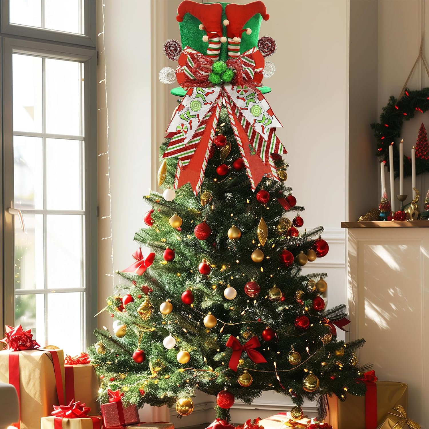 Christmas Tree Topper Hat with Bow, Velvet Top Hat Ornament with Elf Legs and Red & Green Wired Bows, Winter Holidays Xmas Decor for Home Decoration (Green)