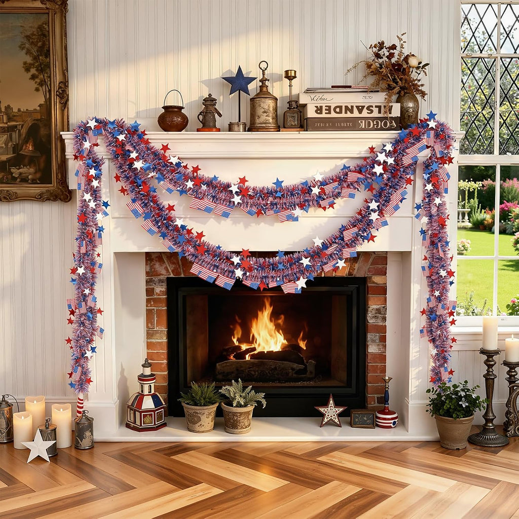 Yuubin 4th of July Garland American Flags Star Tinsel Patriotic Red White and Blue Garland Independence Day Decoration,for Memorial Day Home Indoor Outdoor Party Stairs Fireplace Golf Cart Decor