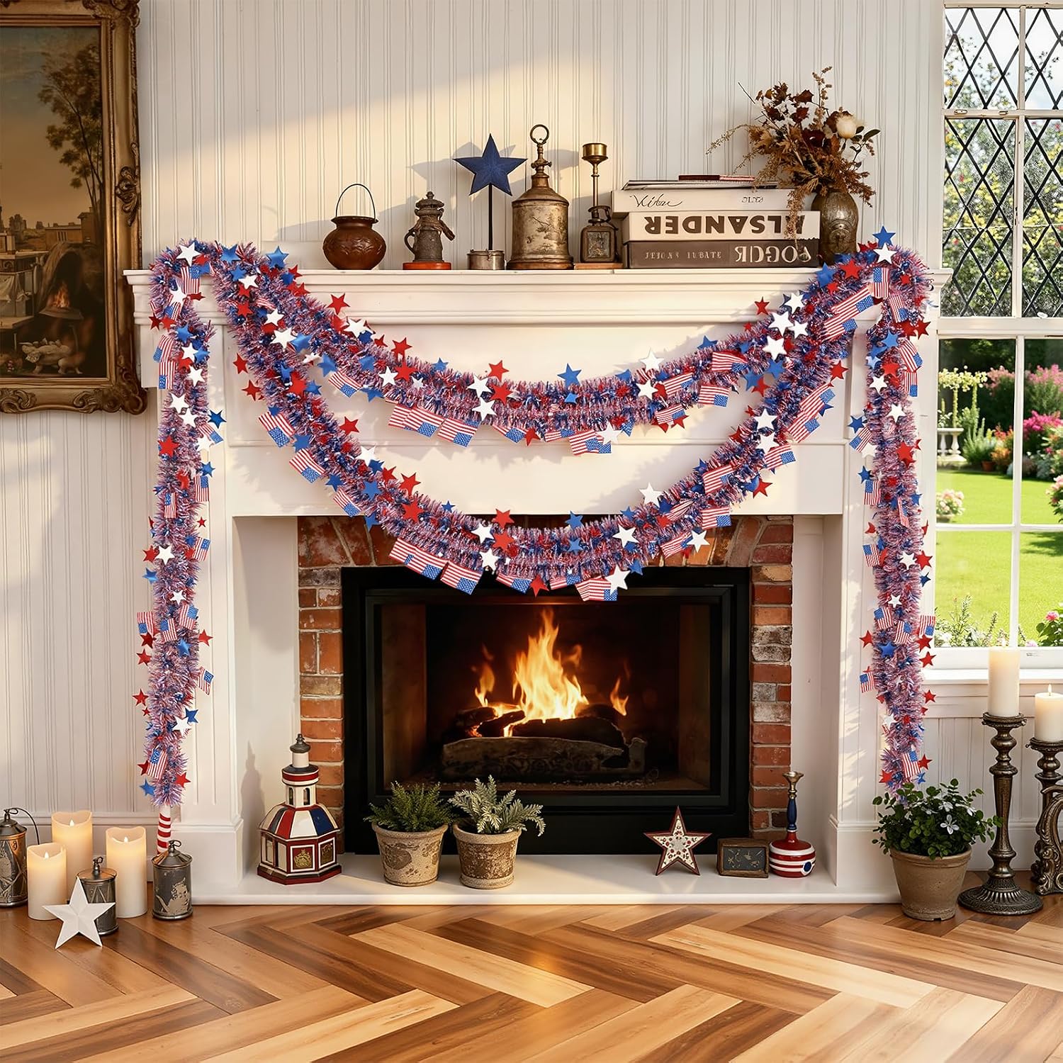Yuubin 4th of July Garland American Flags Star Tinsel Patriotic Red White and Blue Garland Independence Day Decoration,for Memorial Day Home Indoor Outdoor Party Stairs Fireplace Golf Cart Decor