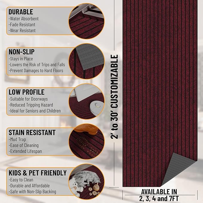 Ottomanson 2' x 10' Hallway Runner with Scraper Pile - Extra Durable Non-Slip Rug Mat for Indoor & Outdoor Use - Ideal for Kitchen, Entryway, Patio & Garage - High-Traffic Carpet, Red