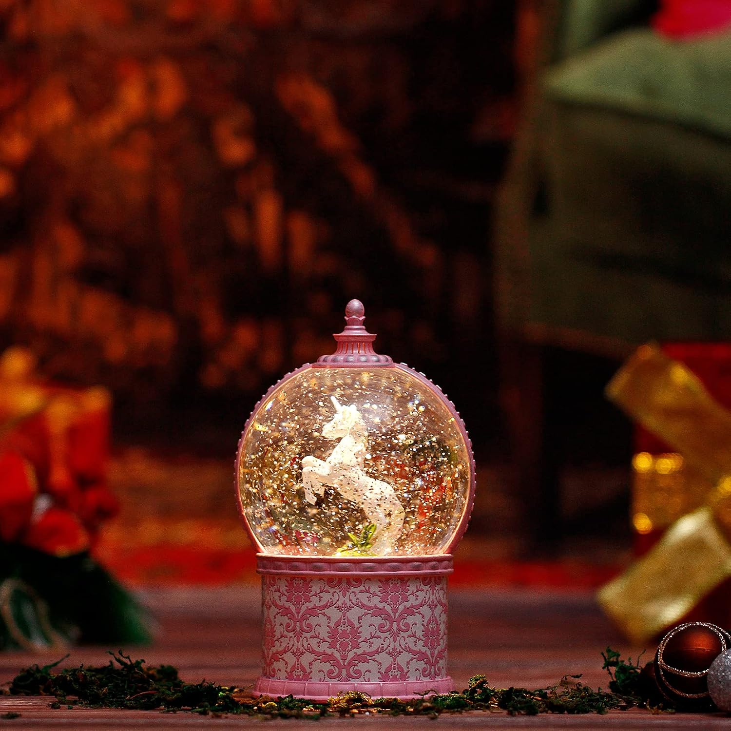 Unicorn Musical Snow Globe, 7.1 Inch Lighted Christmas Snow Globes with Swirling Glitter, Battery Operated & USB Powered Music Box Valentines Day Gifts for Girls, Women