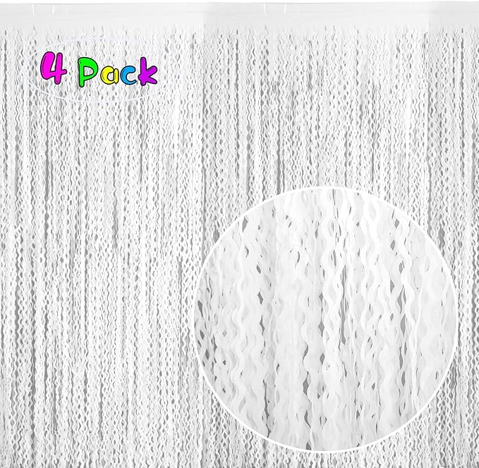 4 Pack White Door Streamers Foil Backdrop - 3.3x6.6ft Metallic Tinsel Foil Fringe Curtains Photo Booth Backdrop for Party Decoration