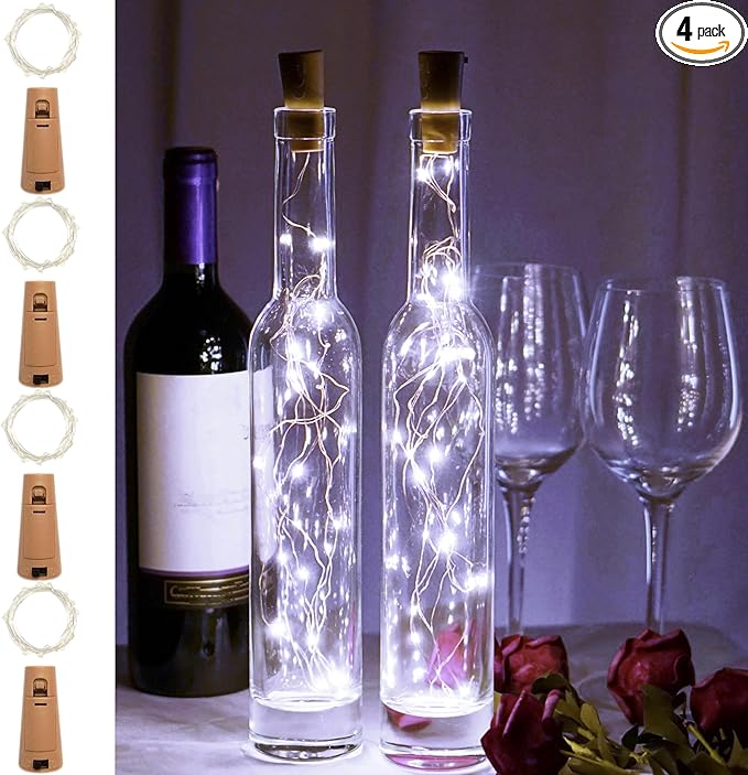Wine Bottle Lights 20 LEDs Cork Lights Waterproof Battery (Included) Operated Fairy Mini String Lights for DIY Jar Indoor Bedroom Party Wedding Christmas Decor Pack of 4(Cool White)