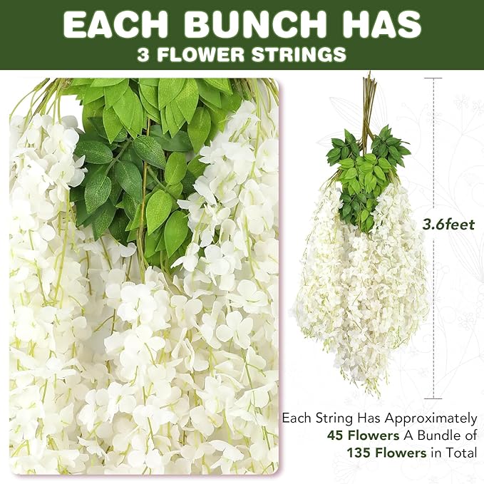 Wisteria Hanging Flowers,Fake Hanging Flowers,Wisteria artificiales Garland for Home Wedding Arch Floral Party Garden Ceremony Outdoor Decor,3.6 feet Long(25,White)