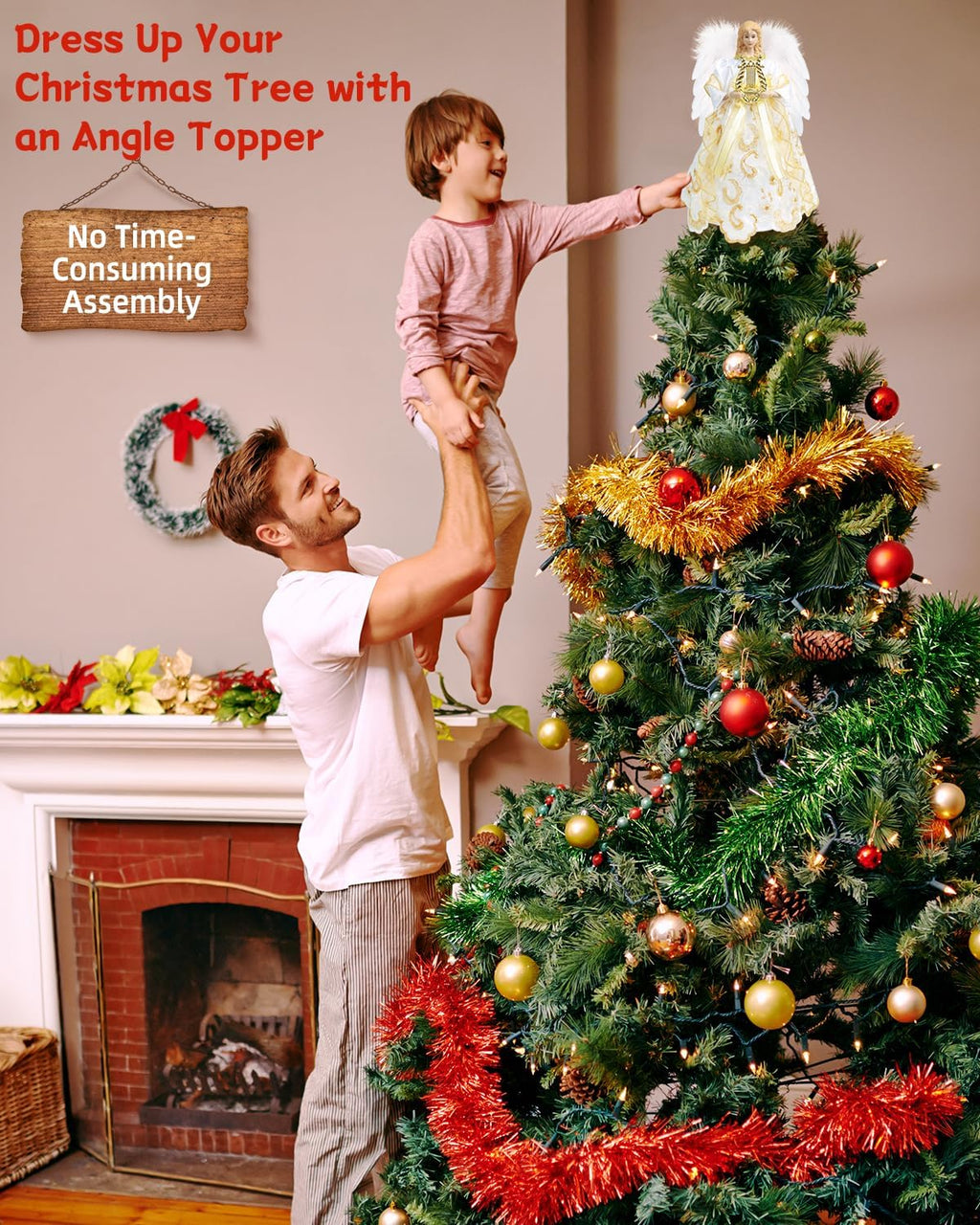 Angel Tree Topper with Lights, 12'' Christmas Tree Topper Angel, Battery Operated Lighted Treetop Ornaments, Elegant Christmas Tree Decorations for Indoor Office Holiday