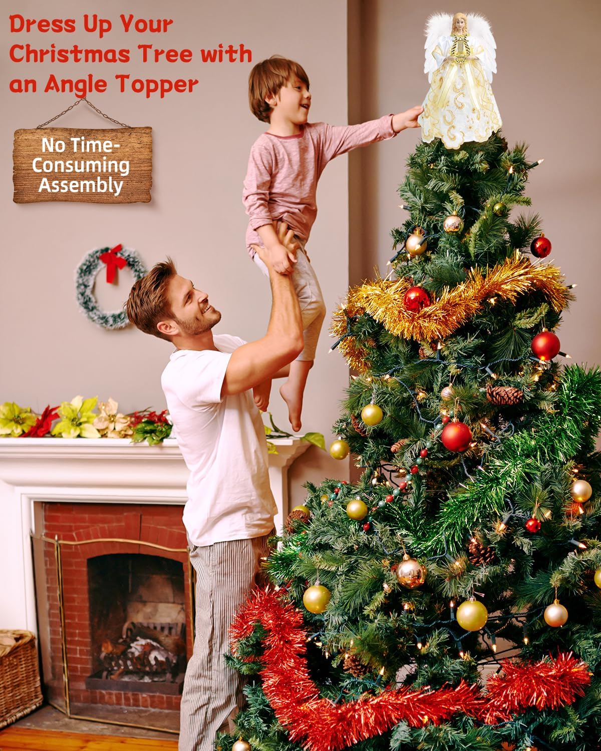 Angel Tree Topper with Lights, 12'' Christmas Tree Topper Angel, Battery Operated Lighted Treetop Ornaments, Elegant Christmas Tree Decorations for Indoor Office Holiday