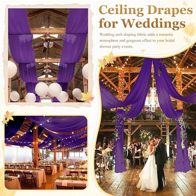 MODFUNS Ceiling Drapes for Parties Royal Purple Wedding Arch Draping Fabric 5x20ft 6 Panels Chiffon Fabric Drapes Ceiling Decor Sheer Curtains Bed Canopy for Bedroom Wedding Decor