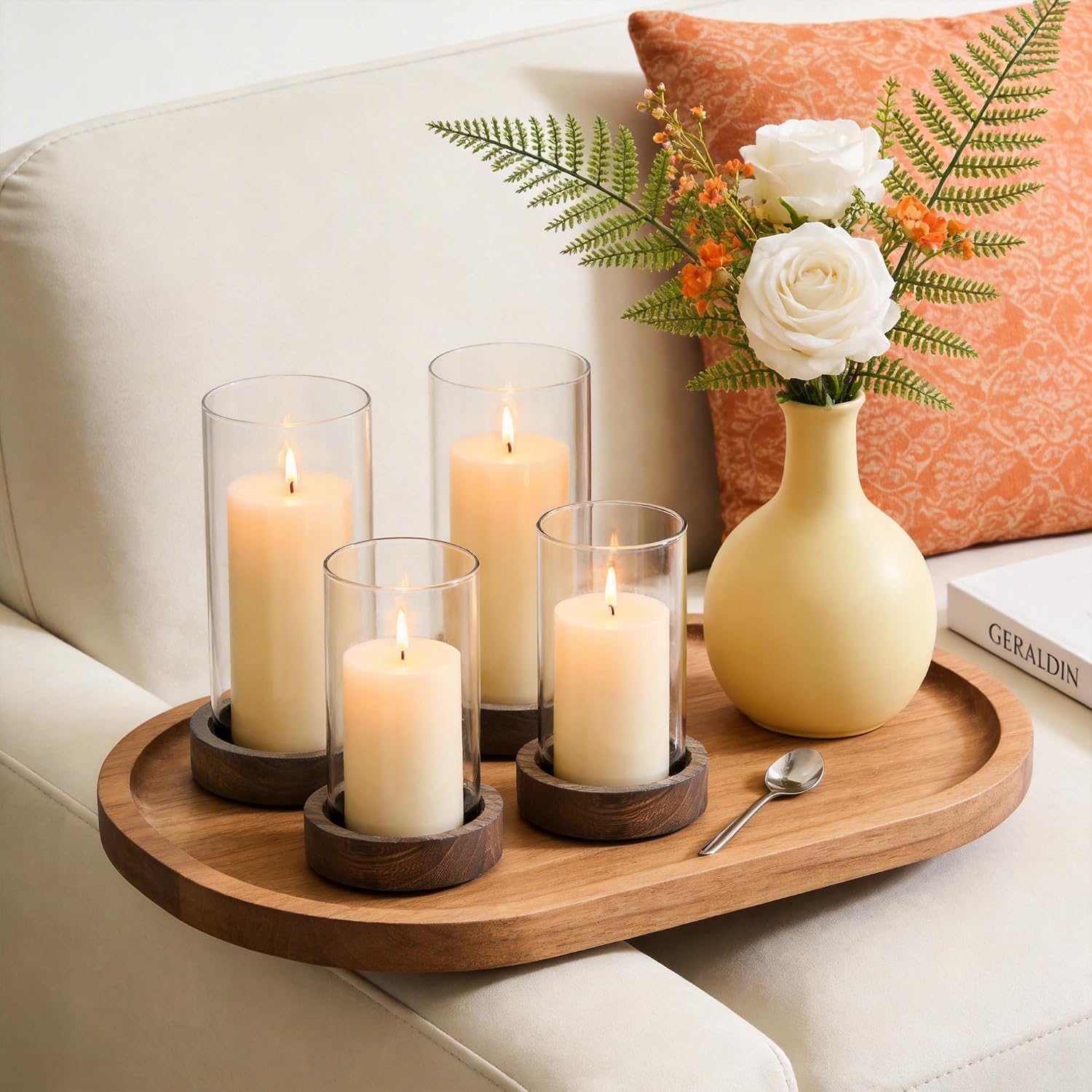 Ronasip Set of 4 Hurricane Candle Holders with Wood Base & Glass Cylinder (4.2x5.9” & 4.6x7.8”) – Rustic Wooden Candle Holders for Home Decor, Weddings, Table Centerpieces