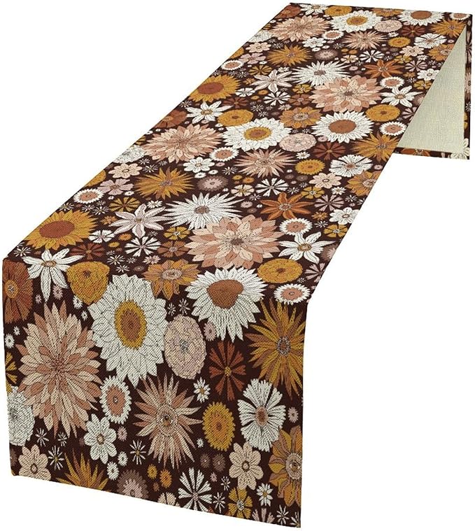 Boho Floral Table Runner, Vintage Country Farmhouse Daisy Flowers Modern Kitchen Dining Room Decoration for Indoor and Outdoor Wedding Party Banquet Table Runner 13x60 Inch