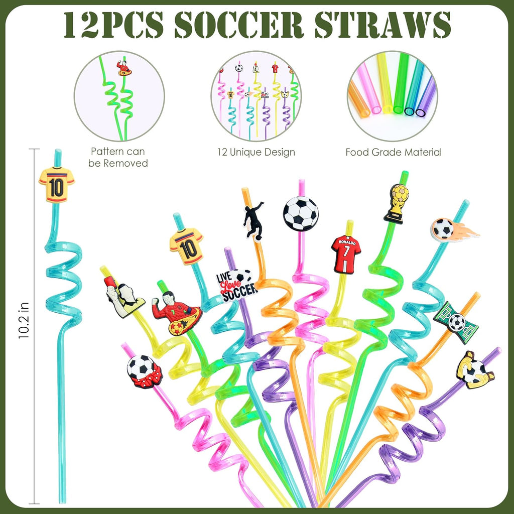 J6&H6 2026 Soccer Party Favors Soccer Goodie Bags Including 12 Soccer Drawstring Bags Stress-relieving Soccer Straws Keychains silicone Wristband and stickers for Soccer Party Gift. (soccer)