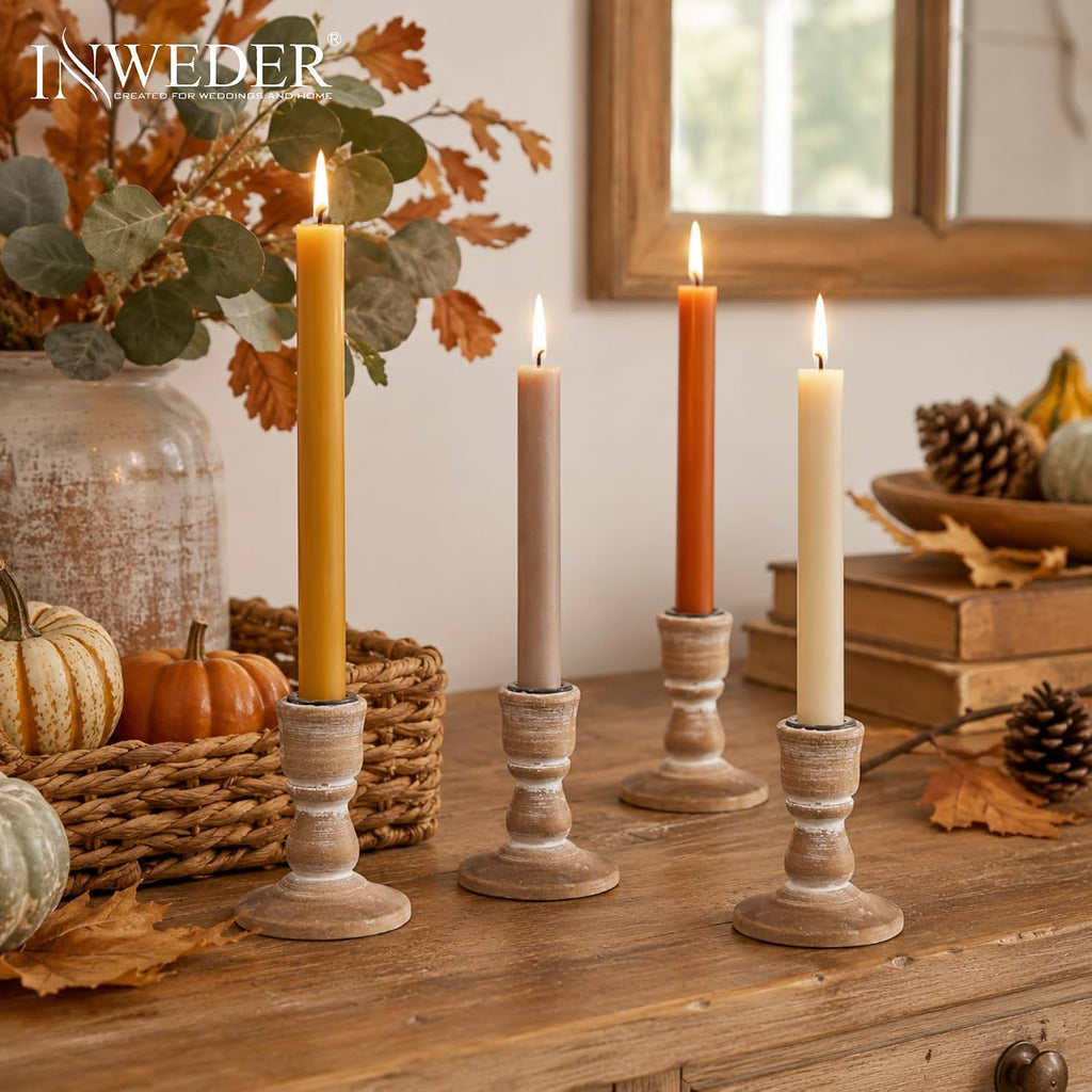 Wooden Taper Candle Holders: Rustic Farmhouse Decor, Set of 4 | Distressed Finish, Solid Wood Candlestick Holders for Fall Mantel, Dinning Table Centerpiece, Living Room, Thanksgiving