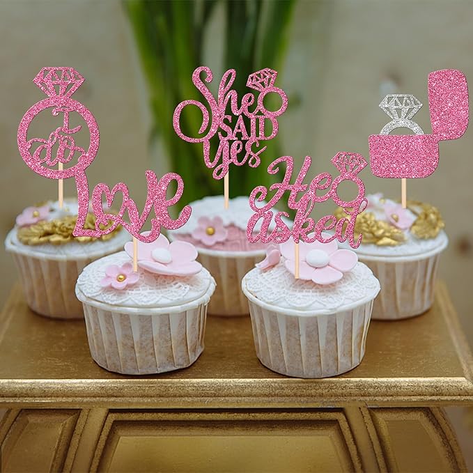 30 PCS He Asked She Said Yes Cupcake Toppers Diamond Ring Cupcake Picks Love I Do Cake Picks for Wedding Enaggement Bridal Shower Party Cake Decorations Supplies Pink