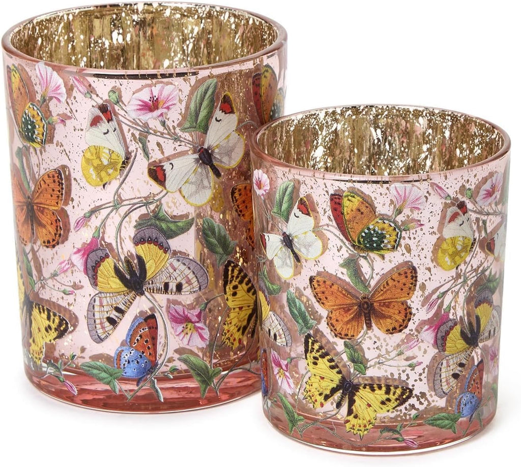 Two's Company Butterfly Silhouette Antiqued Candleholders, 5-Inch, Glass, Multicolor, Set of 2