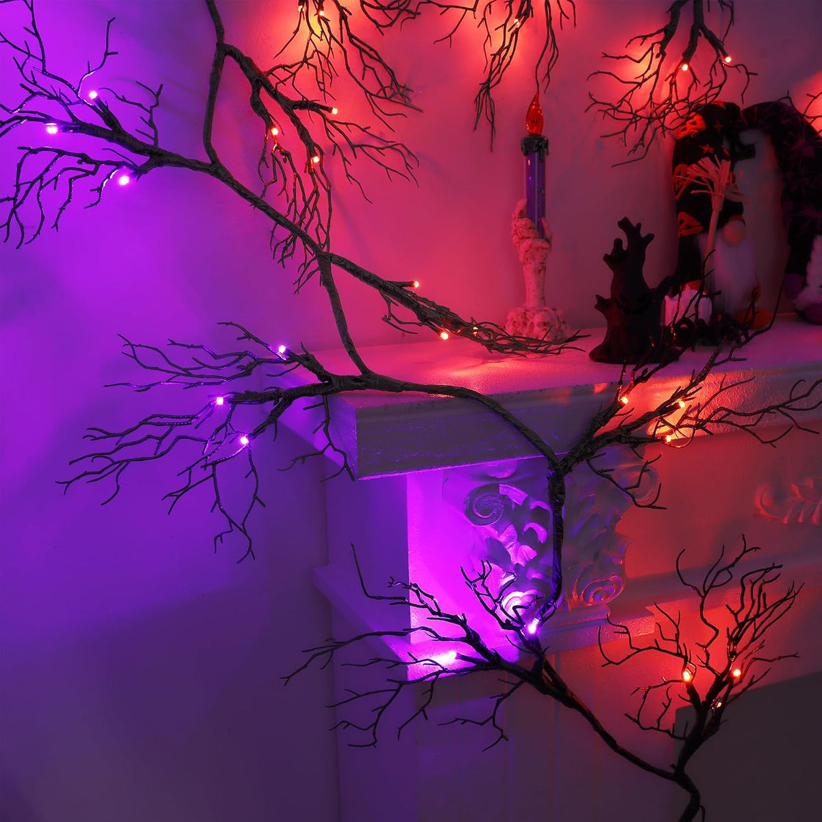 9 FT 66 LED Willow Vine Twig Decor Black Halloween Garland with Orange Purple...