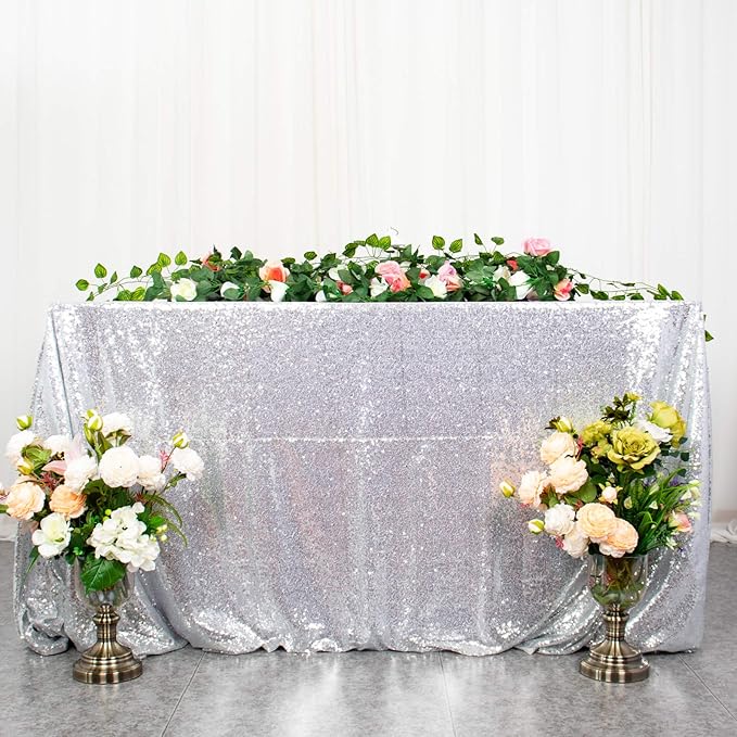 ShinyBeauty 2 Pack 72x72 Inch Silver Sequin Tablecloths - Elegant Square Glitter Tablecloth for Wedding, Birthday, and Party Decorations