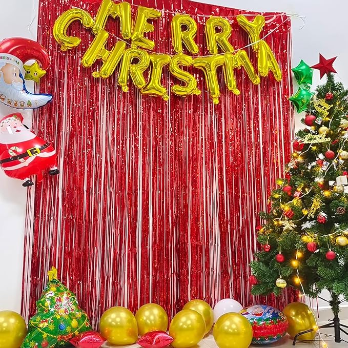 BRAVESHINE Red Tinsel Foil Fringe Curtains - 2Pcs 3.2x8.2ft Holidays Photo Booth Backdrop for Girl/Birthday/Valentine’s/Christmas/Bridal/Bachelorette/Anniversary/Engagement Party/Halloween Decorations