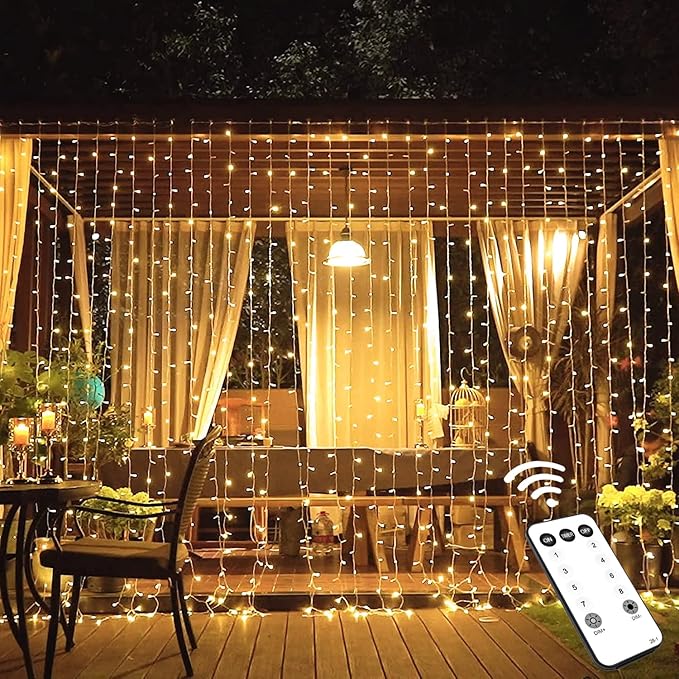 JMEXSUSS 600 LED Christmas Curtain Lights Outdoor, 9.5x19.6ft Christmas String Light Plug in with Remote, 8 Modes Wall Hanging Lights for Bedroom Party Backdrop Wedding Xmas Decor, Warm White